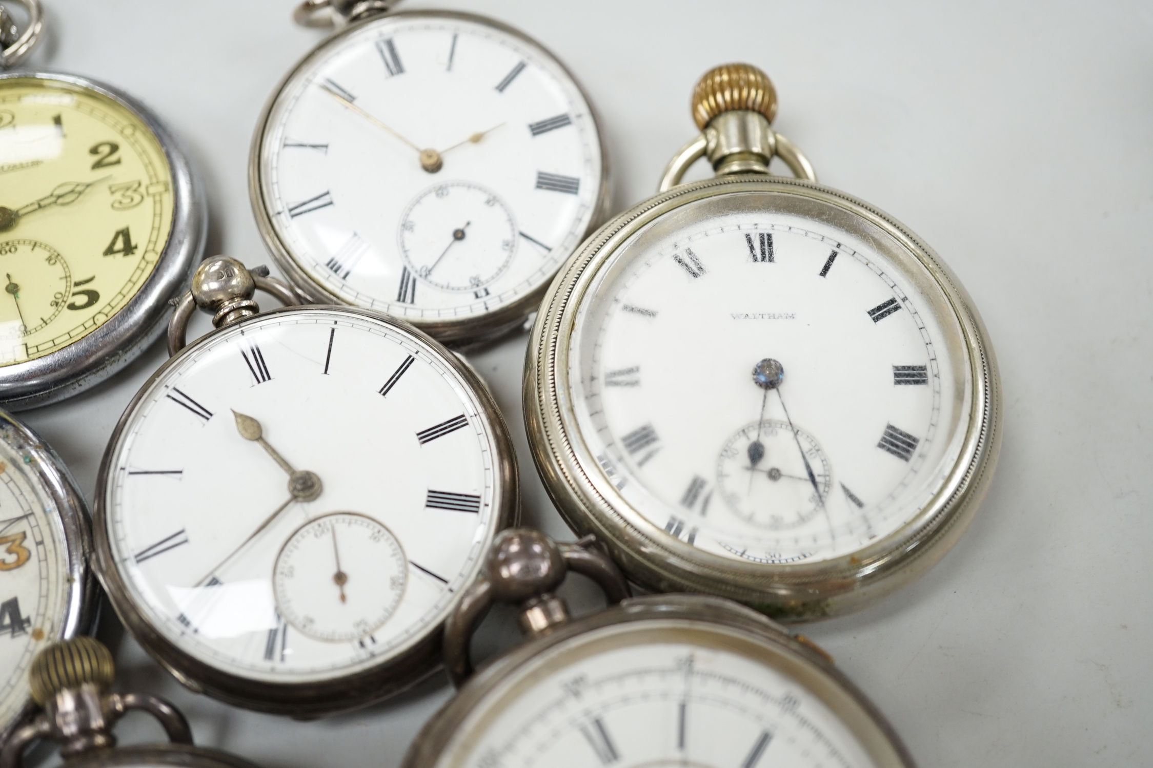 Fourteen assorted mainly base metal pocket watches including two Jaeger LeCoultre and a chronograph.